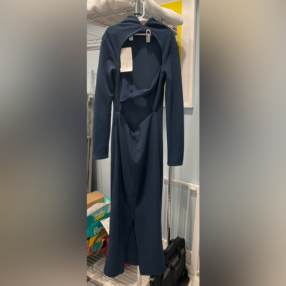 Navy Blue Zara High-Neck Twist Back Long Sleeve Midi Dress (NWT)